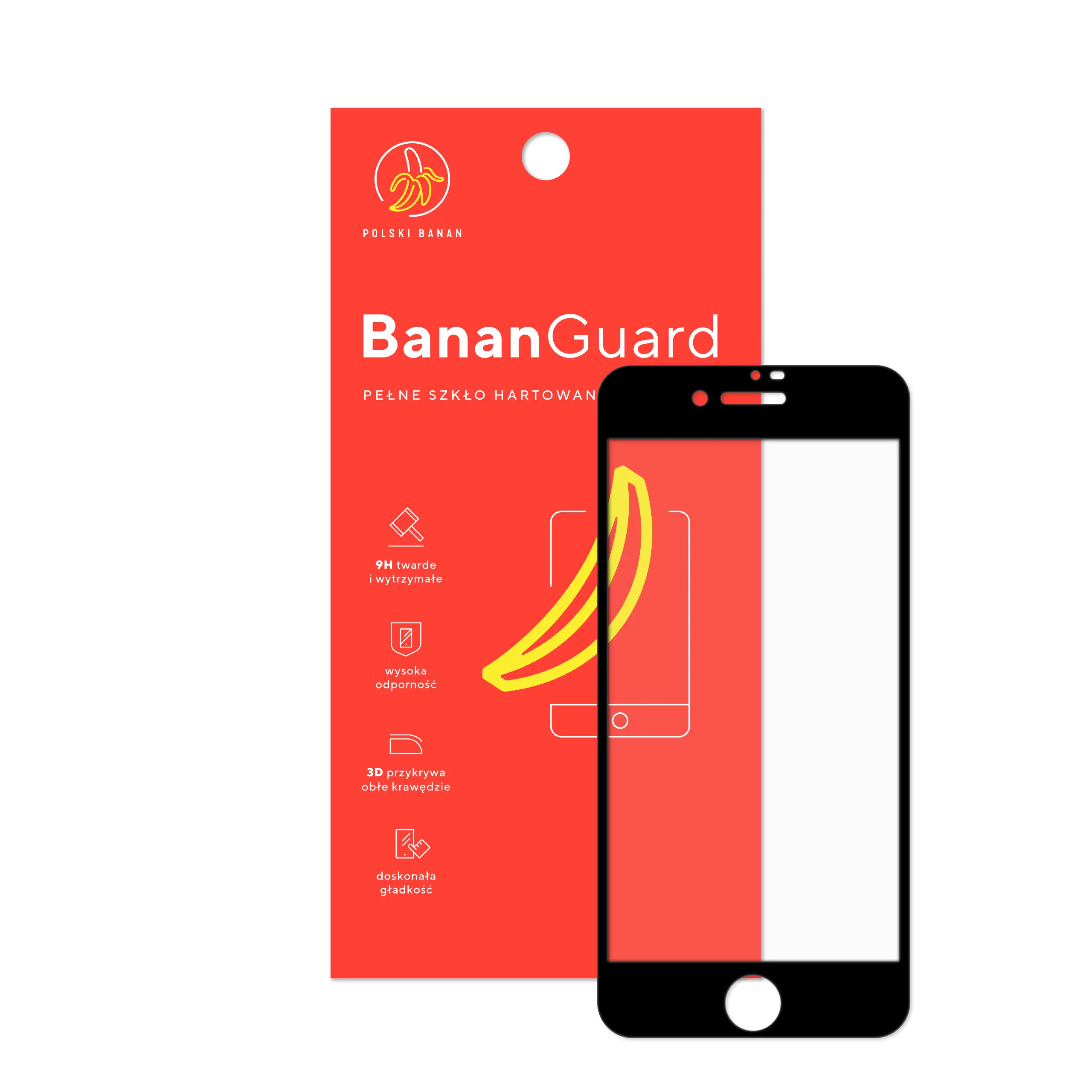Szkło hartowane 5D Polski Banan BananGuard w kolorze czarnym z opakowaniem do telefonu Apple iPhone 7 / 8 / SE 2020 / SE 2022